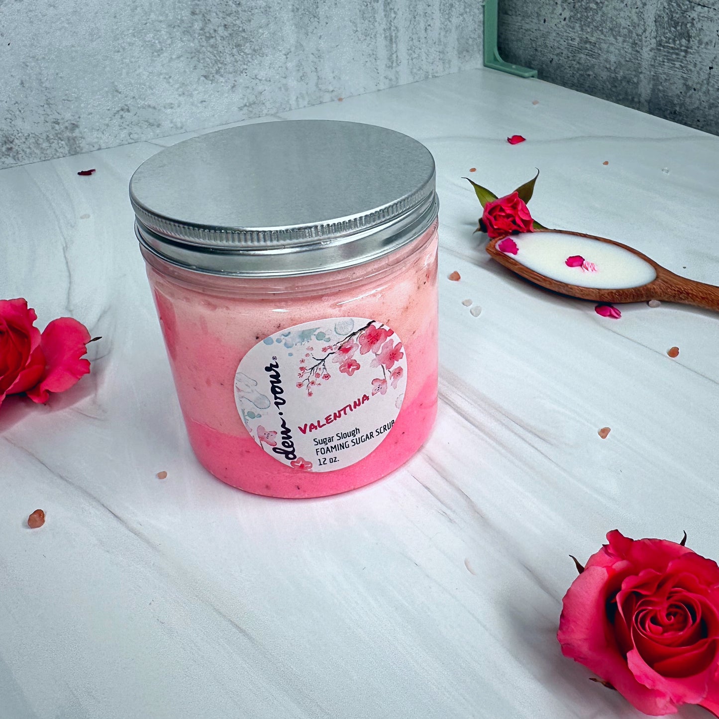 Valentina Shea Sugar Scrub for Strawberry Skin | Foaming Sugar Scrub | Rosacea | Rose Petal Scrub | 12 oz. | Body Scrub | Body Polish | Anti Aging | BHA